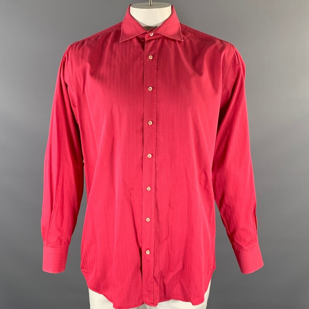 ETRO Size XL Red Magenta Herringbone Spread Collar Long Sleeve Shirt